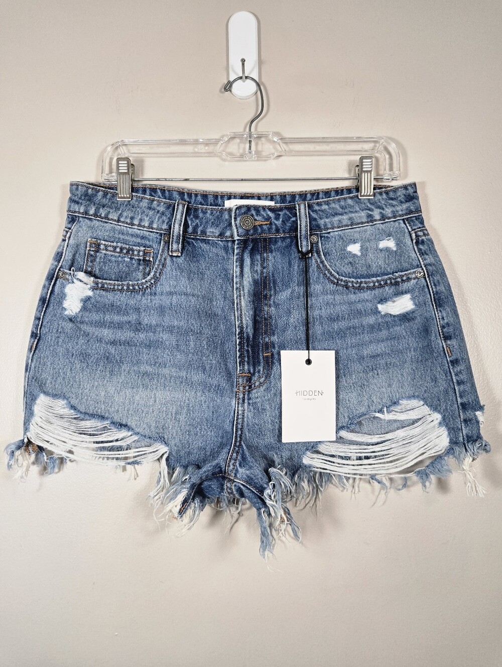 Hidden Light Blue High-Rise Distressed Denim Shorts, Size L ~ NWT